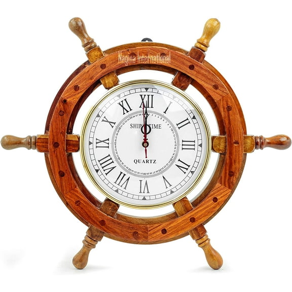 Nagina International 18" Nautical Ship Wheel with 10" Clock - Pirate Home Decor