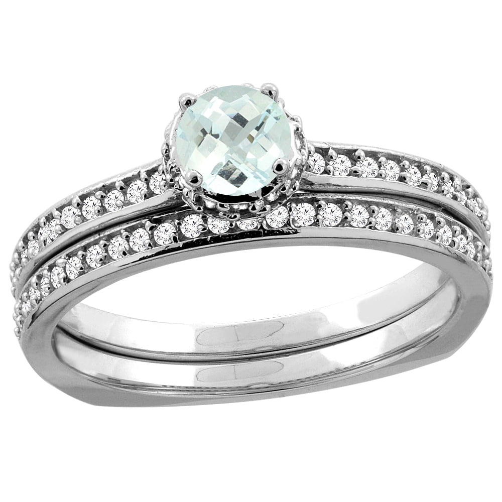 10K White Gold Diamond Natural Aquamarine 2-pc Bridal Ring Set Round 4mm, sizes 5 10 by WorldJewels