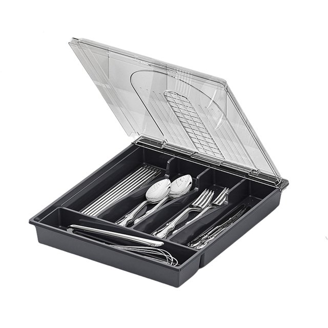 RONSHIN Utensil Holder For Countertop With Lid, Utensil Drawer Organizer For Kitchen Countertop With 5 Compartments, Flatware And Cutlery Covered Storage Box