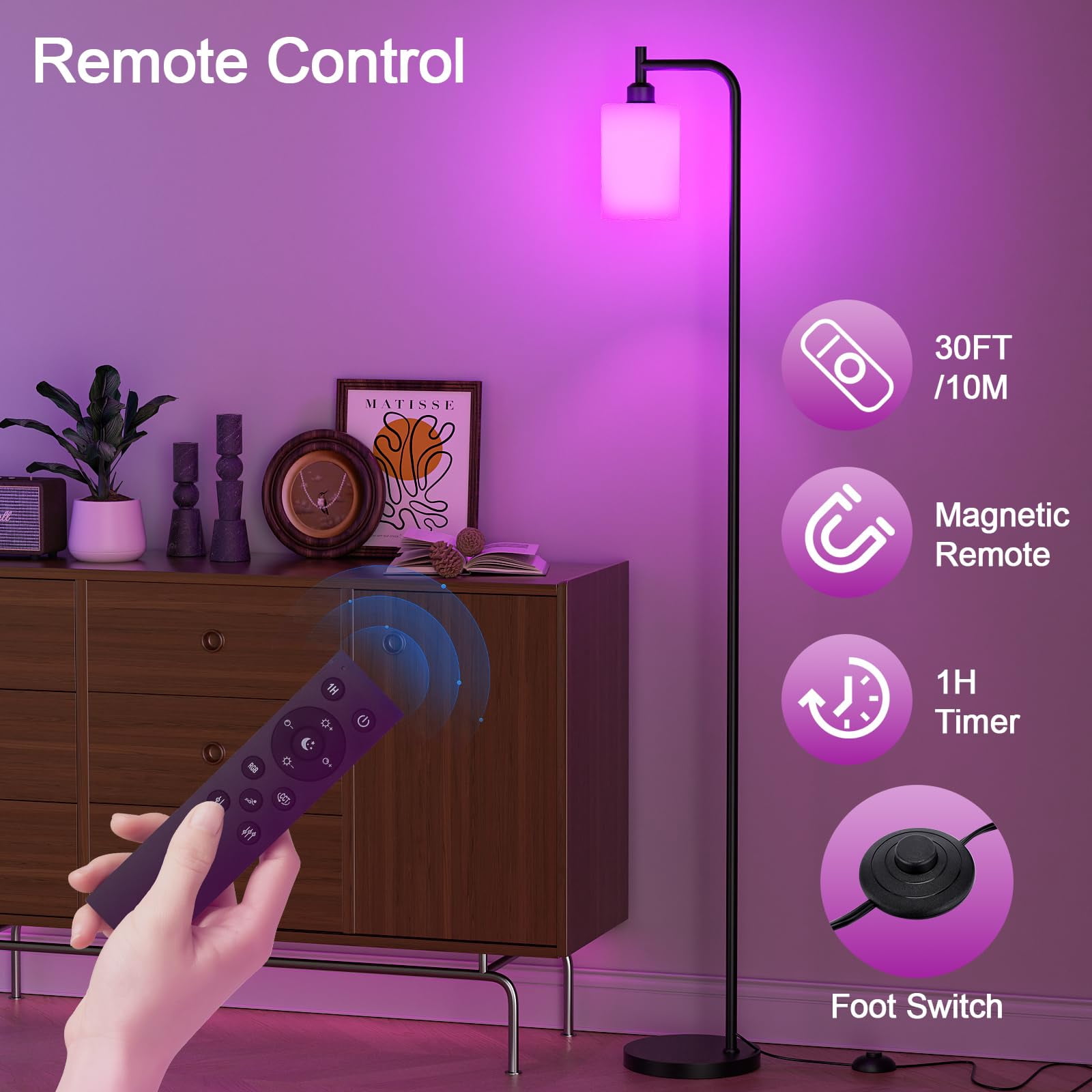 Rgb Floor Lamps For Living Room  Dimmable Industrial Standing Lamp With Remote Control Bedroom Office Corner 3 Colors Temperature White Glass Shade 9w Led Bulb