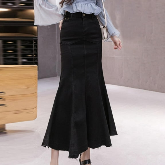 Womens Stretchy Denim Midi Maxi Skirts Casual A Line Slim Fit Fishtail Ruffle Bodycon High Waist Jean Denim Skirt Plaid Skirt for Women Bed Skirts for Adjustable Bed Skirt Denim Overall Skirt High