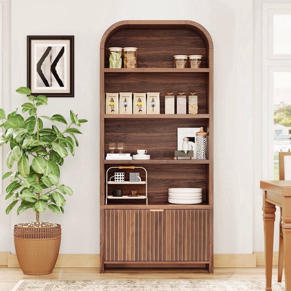 YOCWO 70" Tall Arched Bookcases with 1 Large Drawers & 4 Shelves, Wooden Bookshelf with Carved Line and Curved Top for Living Room Office, Walnut