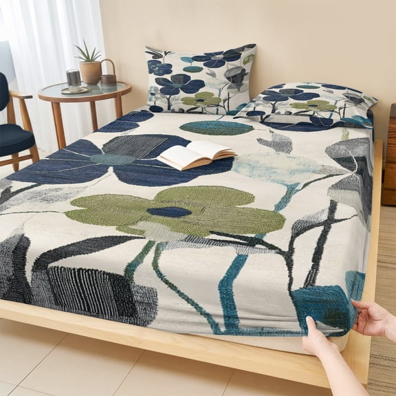 King Size Fitted Sheet Set - Navy Blue Green Floral 3 Piece Bedding Sets 16" Deep Pocket Fitted Sheet with 2 Pillowcases, Vintage Botanical Leaves Brushed Microfiber Hotel Luxury Bed Sheets