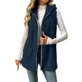 thumbnail image 2 of Women's Sleeveless Plush Vest, Mid Length Hooded Jacket with Zip Front, Soft Pile Fleece Outerwear, Embossed Pattern Casual Coat, Cozy Fall Winter Seasonal Layer Navy L, 2 of 9