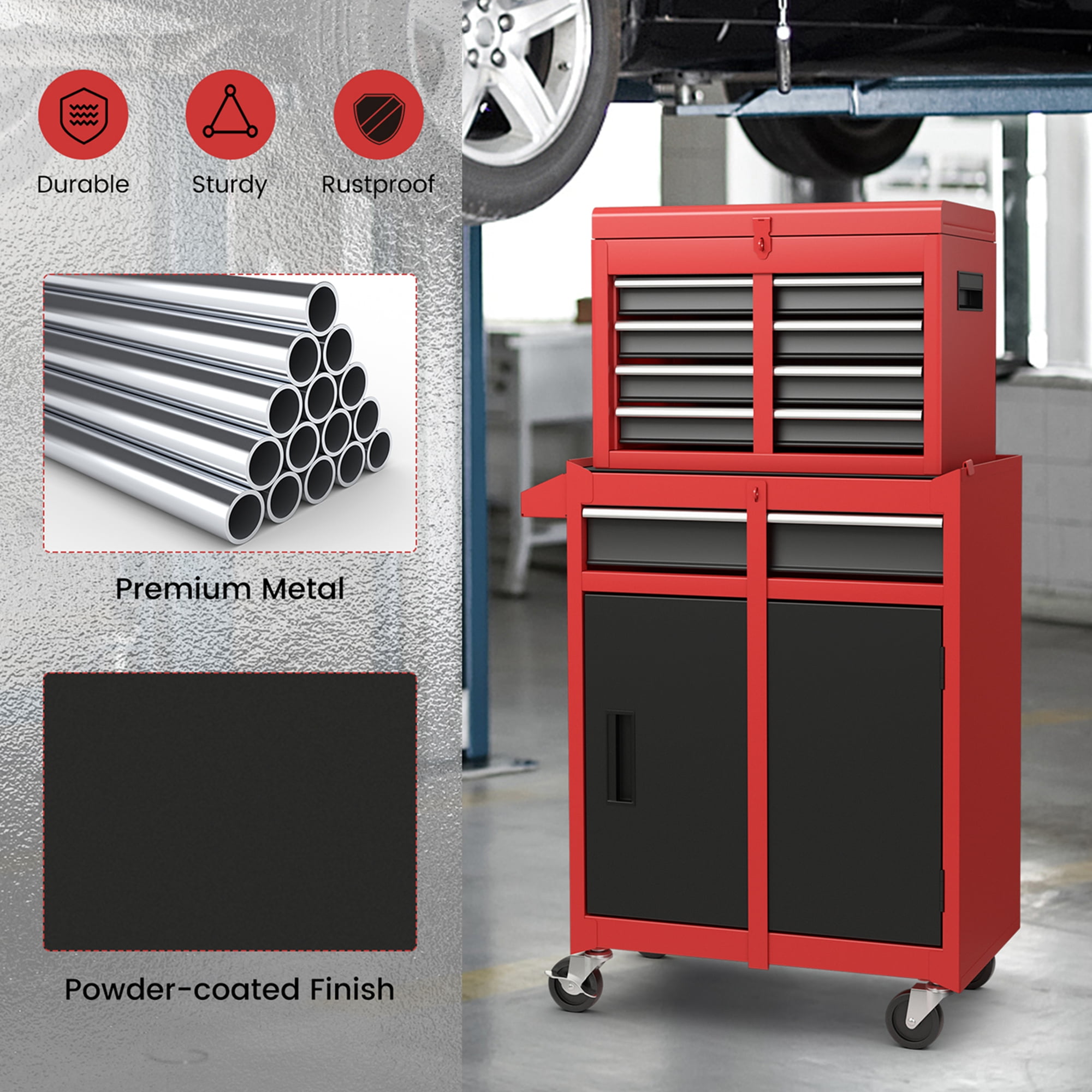 Costway 2 in 1 Tool Chest & Cabinet with 5 Sliding Drawers Rolling Garage Box Organizer