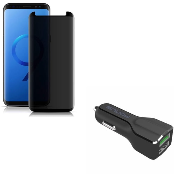 Compatible With Samsung Galaxy S9 - Anti-Peep Privacy Tempered Glass Screen Protector 3D w 30W 2-Port Adaptive Fast USB DC Car Charger