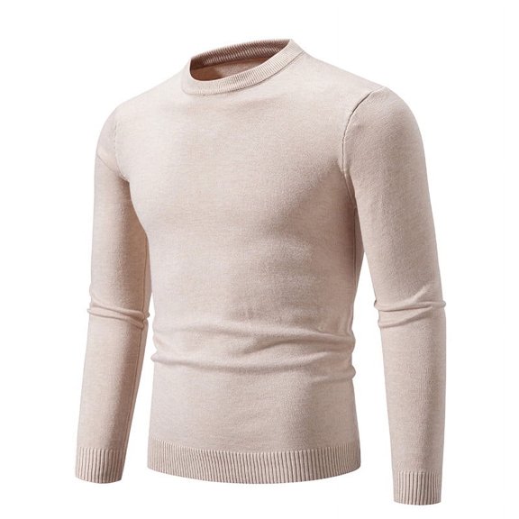 ZCFZJW Fall Long Sleeve Knit Sweaters for Men Casual Round Neck Solid Color Basic Slim Fit Fitness Pullover Tops Lightweight Cozy Fleecing Knitwear Shirts Beige L