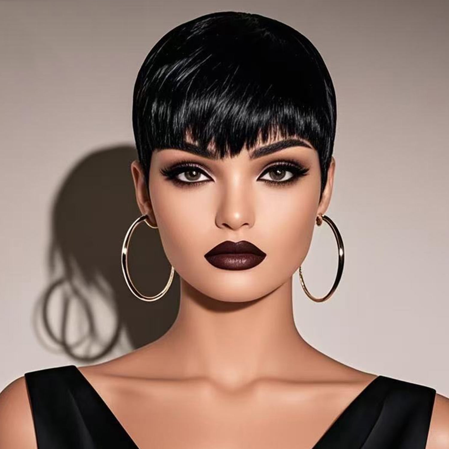 EAEABJ Short Pixie Cut Human Hair Wig with Bangs, Natural Black Straight Layered Glueless