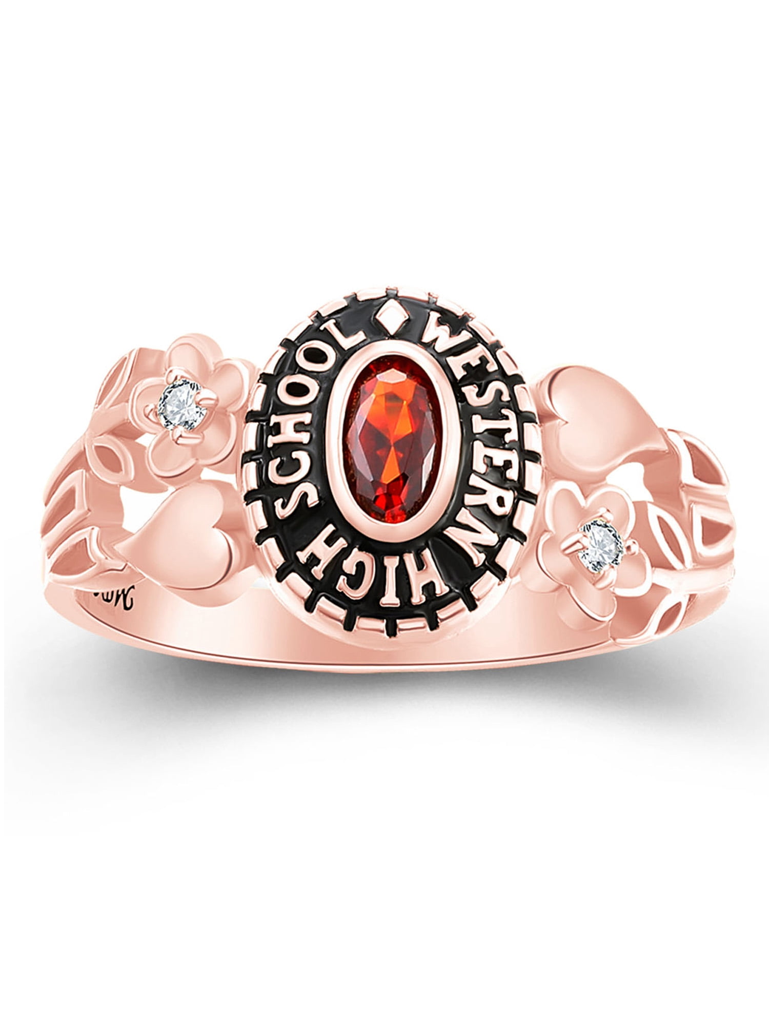 Mementos USA Custom Women's Class Ring Sterling Silver for High School-Petite Flower-Rose Gold
