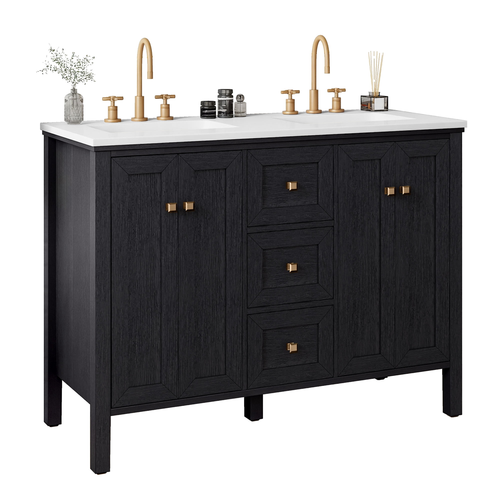 Uforic 47 Inch Bathroom Vanity with Double Sink, Retro Style, Sintered Stone Countertop, 4 Doors & 3 Drawers, 6 Pre-drilled Faucet Holes, Black