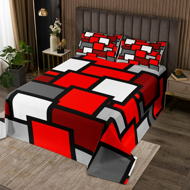 YST Geometric Bedspread Set For Boys, Geometry Rectangle Coverlet Set Twin Size, Red Grey White Quilt Set Abstract Art Microfiber Bedding Set For Kids Teens Adult Women Bedroom Decor