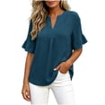 thumbnail image 4 of Edvintorg Summer Shirts for Women Cotton Linen V Neck Short Ruffle Sleeve Loose Casual Tops Womens Blouses Women Clothing Navy L, 4 of 9