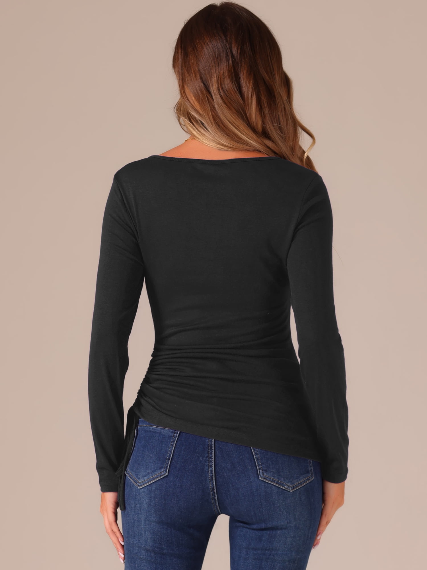 DARING DIVA Women's Scoop Neck Button Ruched Drawstring Tops M Black