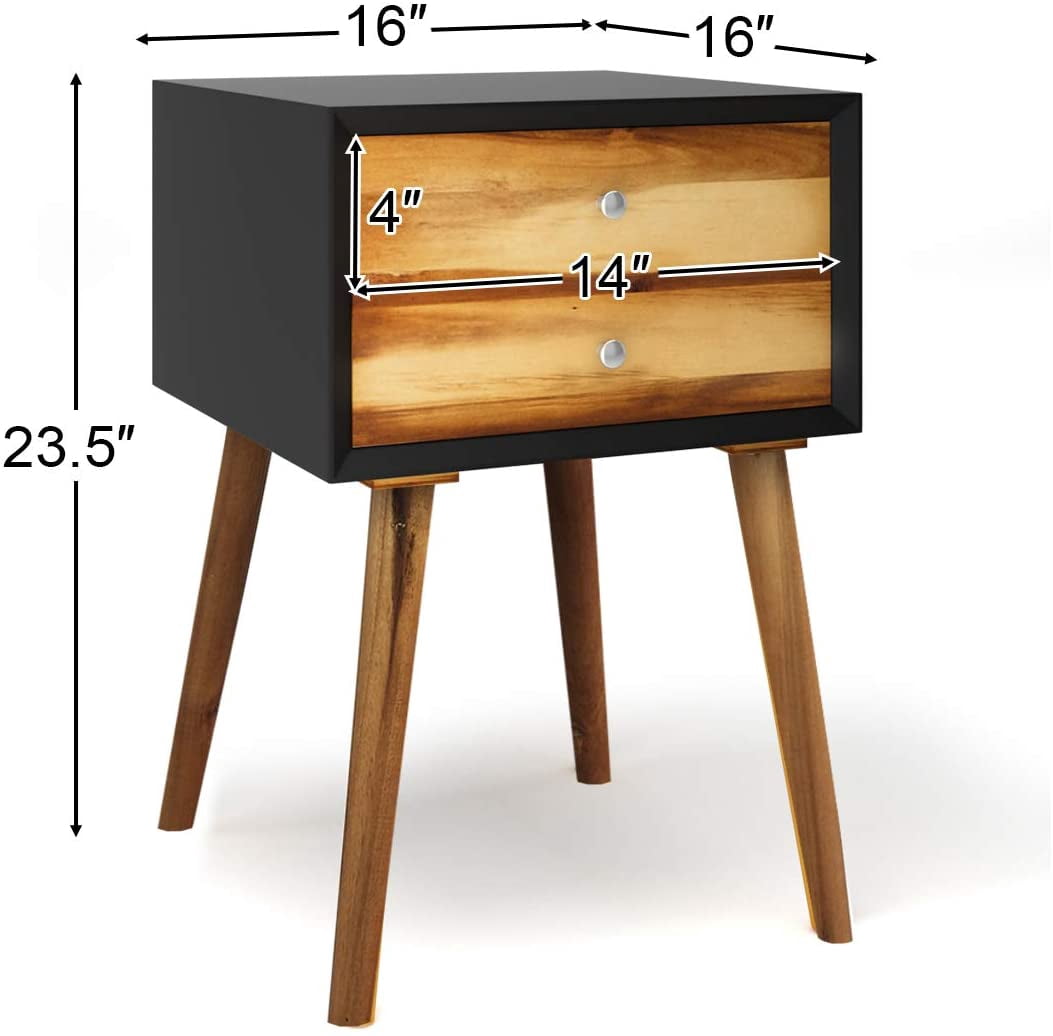 Giantex End Side Table Nightstand with Storage Drawer and Shelf, Wood Nightstand with 2-Drawers, Solid Wood Legs Living Room Bedroom Furniture
