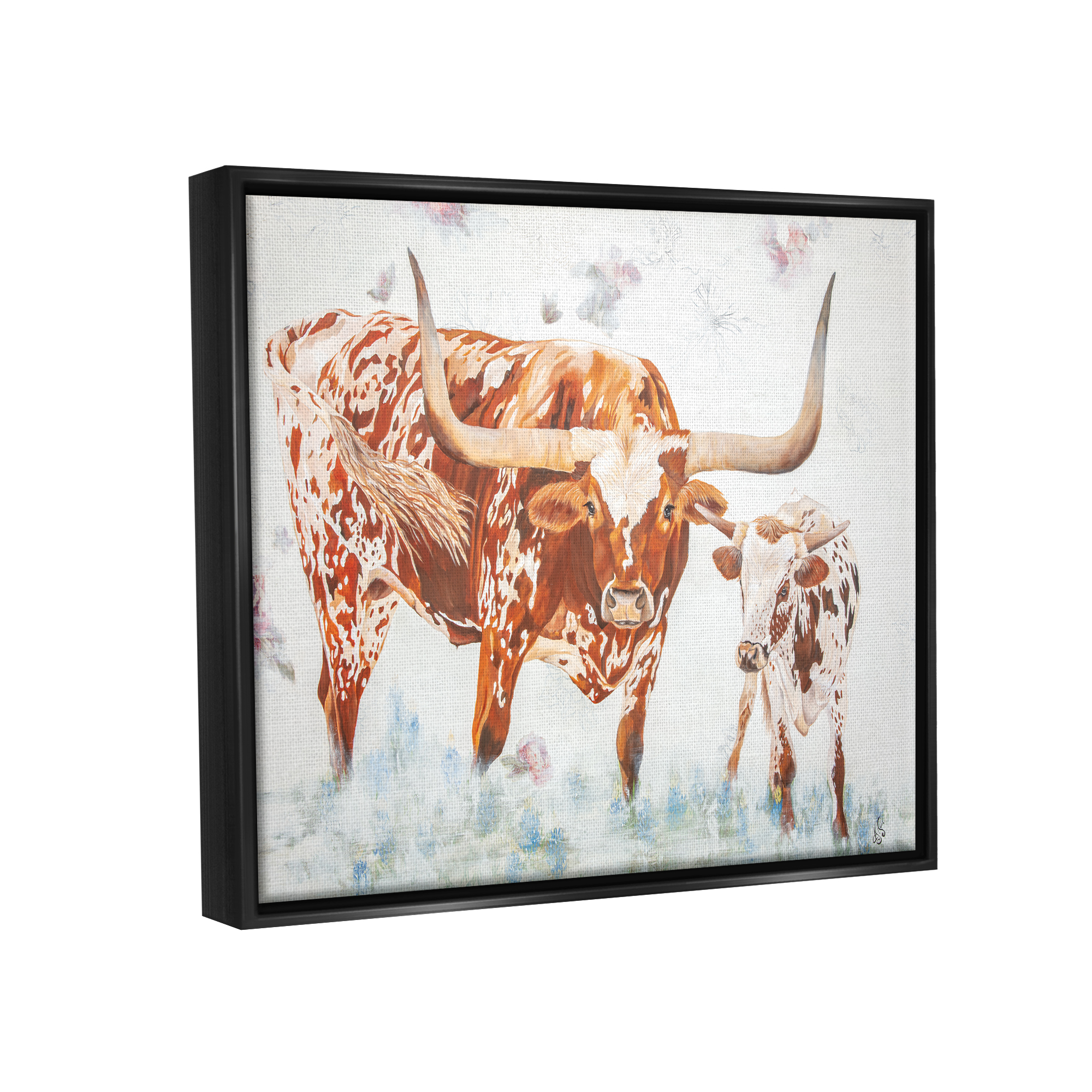 Stupell Brown Longhorn Cattle Family Farmhouse Animals & Insects Painting Black Floater Framed Art Print Wall Art