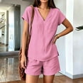 thumbnail image 3 of Pounoo Sets for Women 2 Piece V Neck Short Sleeve Top Elastic Waist Shorts Casual Summer Beach Vacation Matching Outfits, 3 of 9