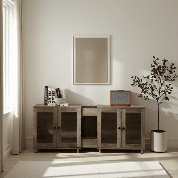 Double Cat Litter Box Enclosure for 2 Cats,Double Litter Box Furniture with 7 Colors LED and Power Outlet,Large Cozy Cat Home,4 Glass Doors for Better Showcase, Grey