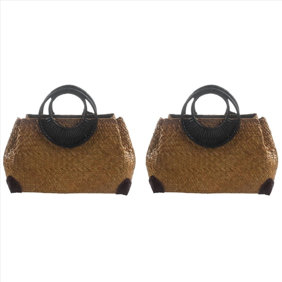 2X Mujeres Bolsas de Paja Mujer de Bambú Bolso de Tejido de Playa de Verano de Señora de Mano Vintage Bolso de Manejar de Madera de Punto Bolsas de Mano Totalizador