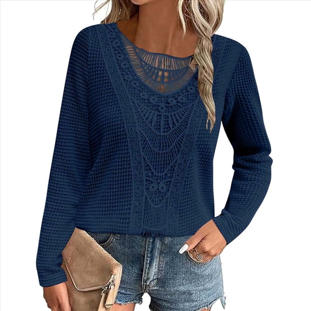 Camiseta de Mujer con Encaje de Piña y Costuras, Color Liso, Larga, Cuello Redondo, Informal. Azul Marino S