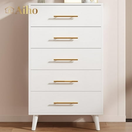 Aiho 5 Drawer Dresser, Tall Chest of Drawers Nightstand Storage Tower Storage Wooden Dresser for Living Room, Bedroom, Hallway - White