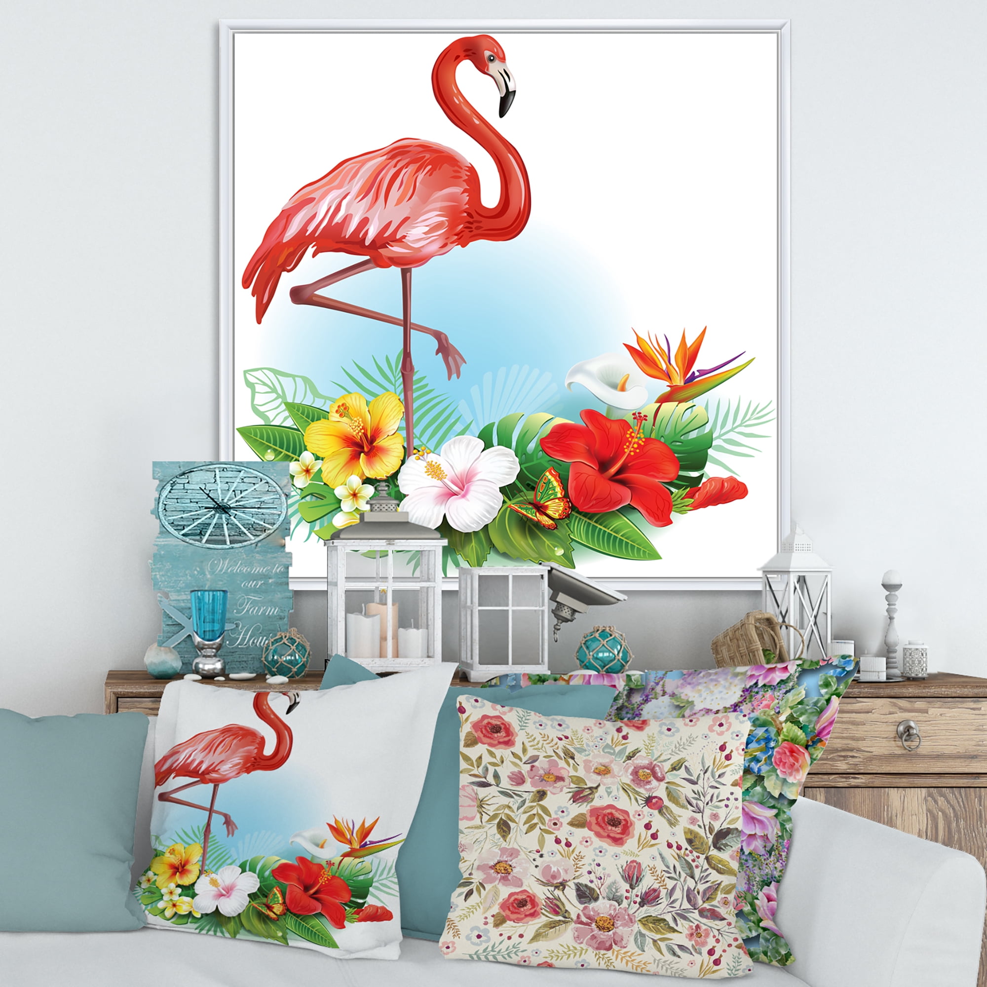 Designart 'Arrangement with Flamingo and Tropical Flowers' Traditional Framed Canvas Wall Art Print
