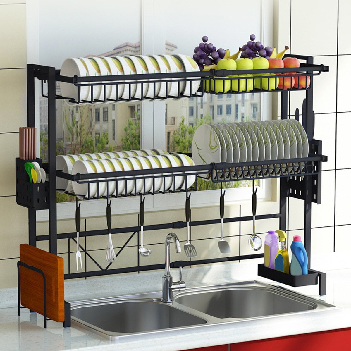 LoveHouse Dish Rack Over Sink, Stainless Steel Dish Drainer Shelf Large Dish  Drying Rack with Utensil Holder Kitchen Supplies Storage Shelf-Silver  2-Tier 84cm(3…