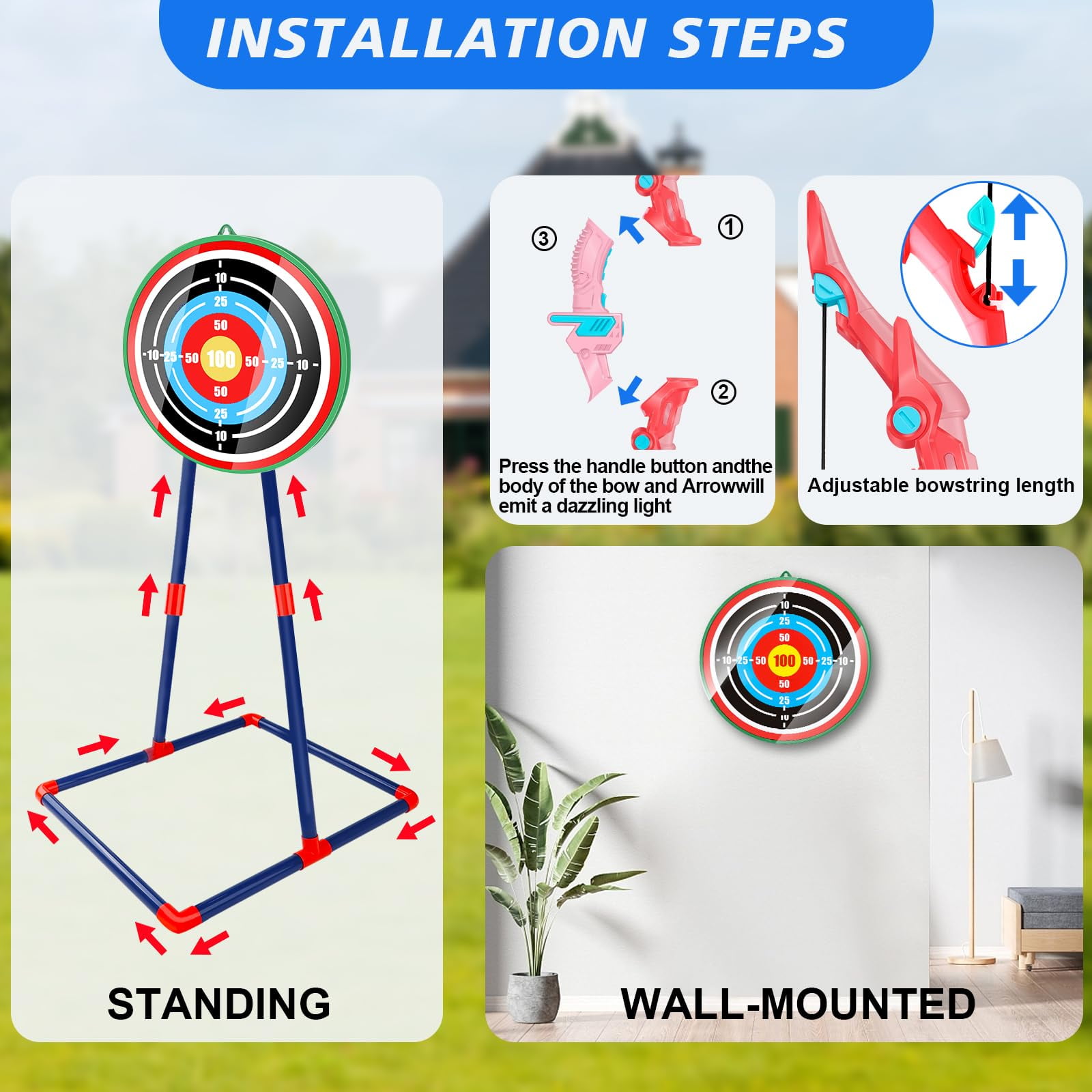 2 Pack Kids Bow and Arrows Set with LED Lights Included 10 Suction Cup Arrows and Standing Target-Sport Toys Gifts for Boys and Girls Ages 6-12