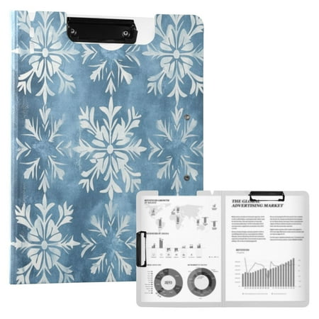 A4 Double Clip File Folder Binder Clipboards Waterproof Durable Foldable Folder Suitable for Office and Family Winter Blue Snowflakes