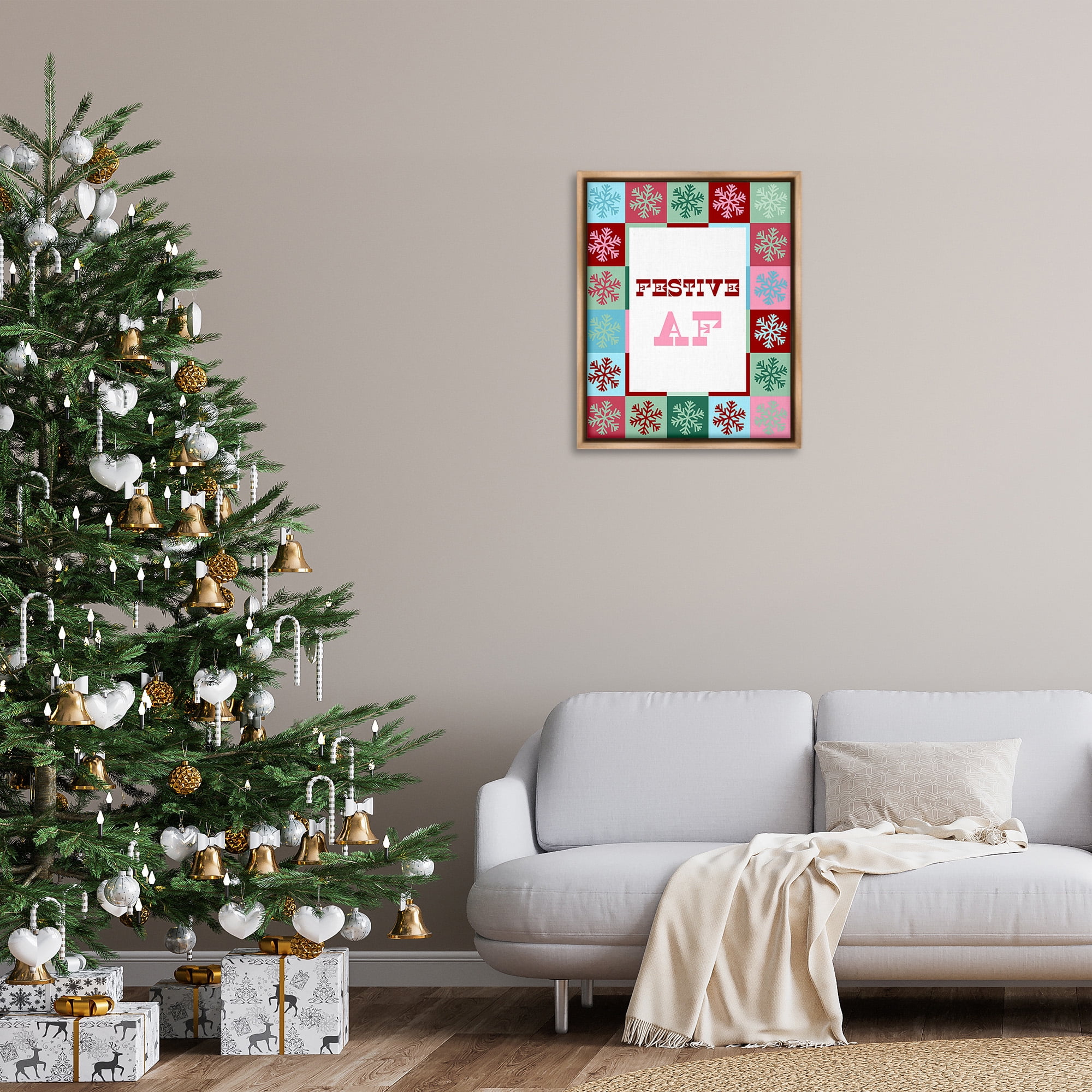 Stupell Industries Festive AF with Snowflakes Holiday Painting Brown Floater Framed Canvas Art Print Wall Art, 25 x 31