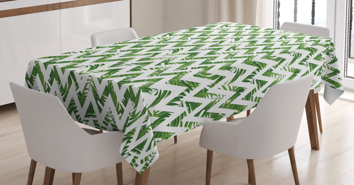 Green White Ambesonne Palm Leaf Table Runner 16 X 72 Dining Room Kitchen Rectangular Runner Chevron Motif Zigzag Lines with Green Palm Leaves Modern Summer Theme