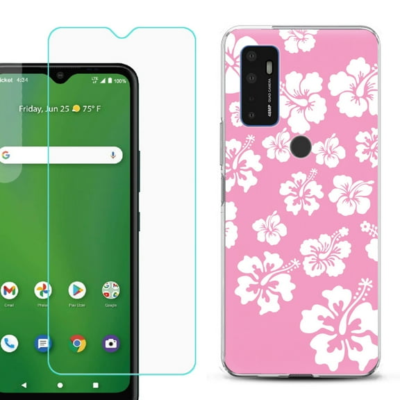 Slim-Fit Gel TPU Phone Case for Cricket Dream 5G, with Tempered Glass Screen Protector, by OneToughShield ® - Hibiscus Pink