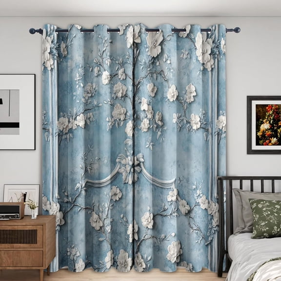 White Floral Curtains 2 Panel Set,Blackout Curtains Branch Flower Pattern, White Floral Decor for Kitchen Bedroom, Thermal Darkening Grommet Drapes-42"W x 63"L (Pack of 2)