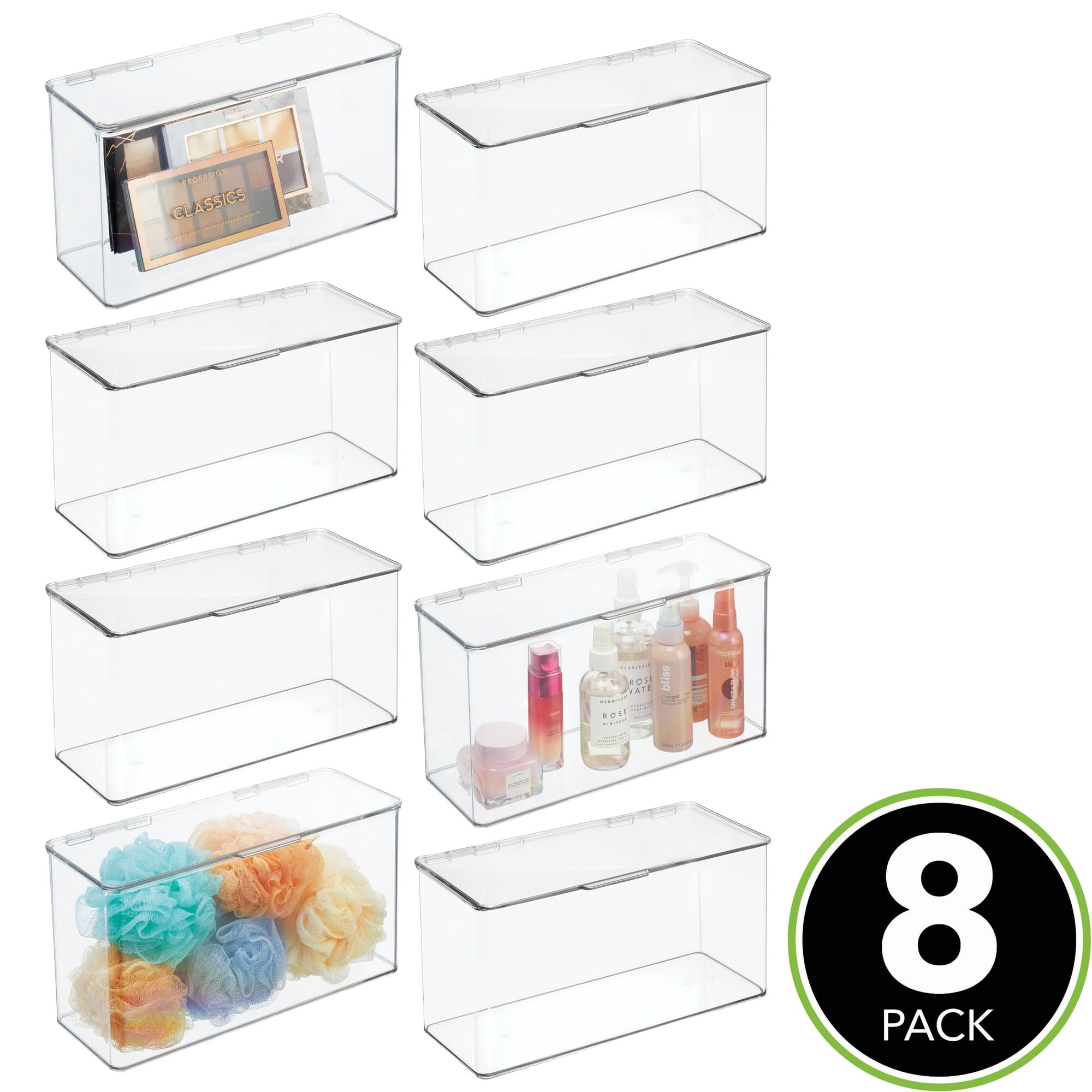 mDesign Plastic Bathroom Storage Organizer Box with Hinged Lid - 8 Pack - Clear