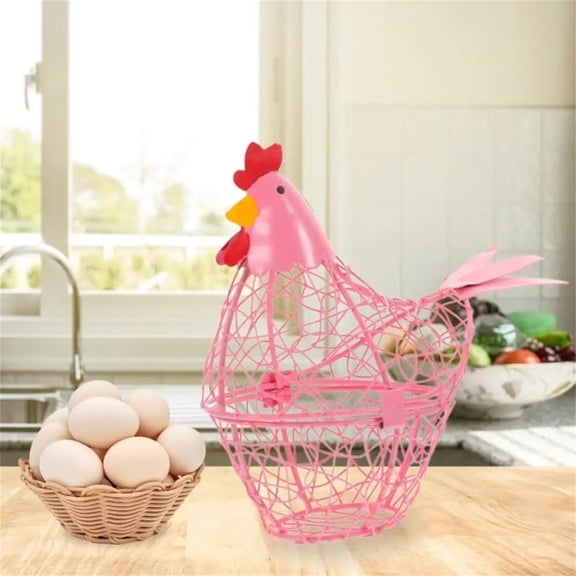 ZOURIH Pink Egg Basket Metal Basket Metal Wire Egg Hen Shape Chicken Egg Basket Farmhouse Kitchen organizer for Eggs Fruit Kitchen Living Room Home Decor,Pink