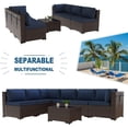 thumbnail image 5 of Gotland Patio Furniture Set 7 Pieces Outdoor Sectional Rattan Sofa Set Brown Manual Wicker Patio Conversation Set with Navy Blue Cushions,1 Tempered Glass Tea Table, 5 of 6
