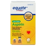 Equate Safety Coated Low Dose Aspirin Tablets for Pain Relief, 81mg, 60 Count