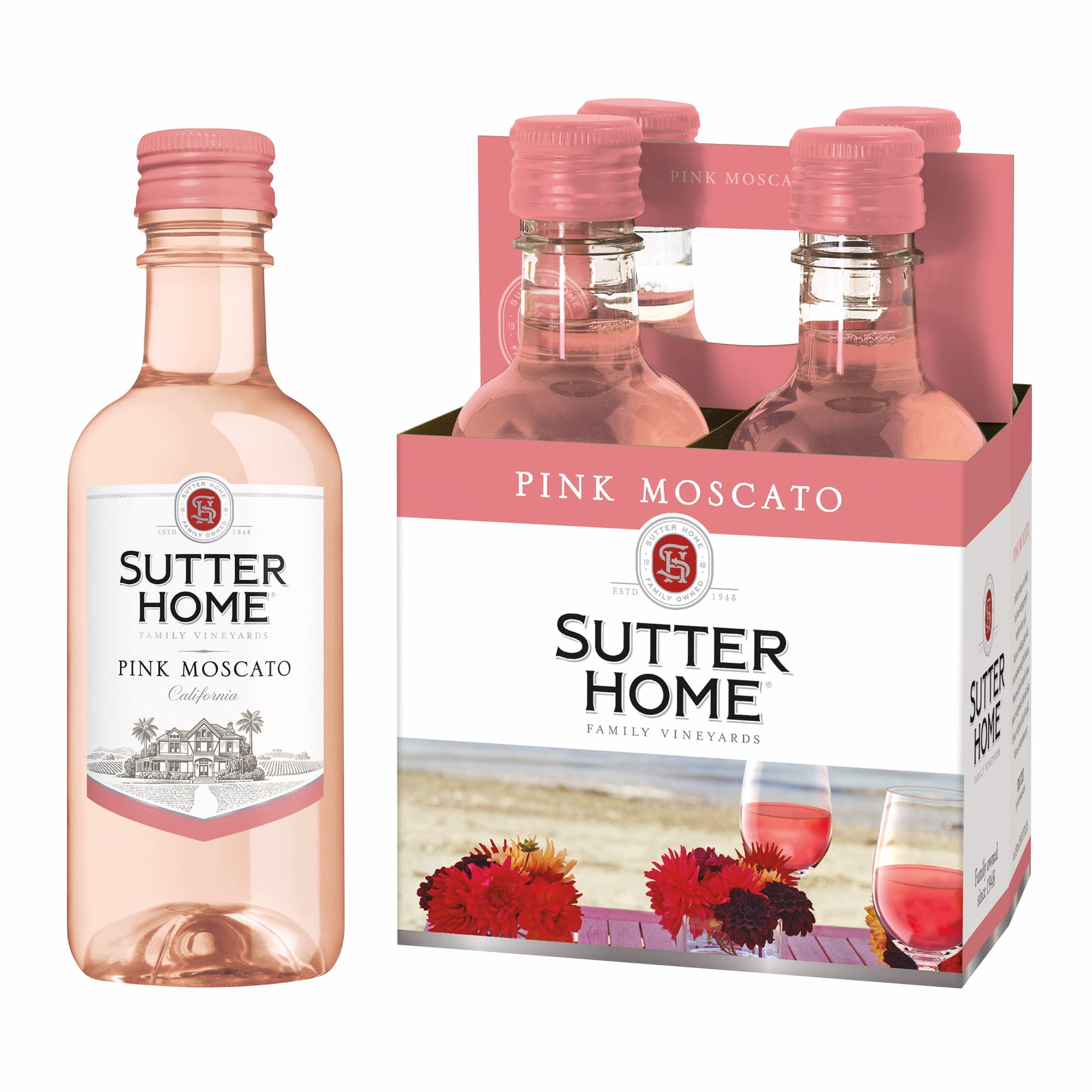 Sutter Home Pink Moscato California Pink Wine, 4 Pack, 187 ml Glass Bottles, 10% ABV
