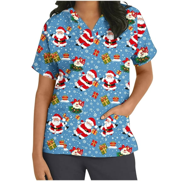 Xfvqtps Christmas Scrub Tops for Women Soft V-Neck Scrubs Comfortable Nursing Uniforms Christmas Printed Short Sleeve Top Protective Clothing Working Uniforms with Pockets Blue