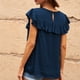 thumbnail image 4 of Blusa azul oscuro con volantes, cuello redondo, mangas cortas, detalle de encaje, top casual para mujer, talla L Summer Chic, 4 of 6