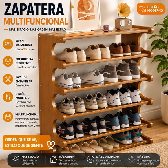 Zapatero Organizadora de Bamboo con 6 Niveles y un Almacenamiento Amplio con 82x68x20cm Estructura de Bambu para Zapatos y otros Adornos y Accesorios