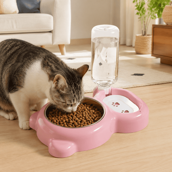 Dog food and water bowl set, kitten food bowl, Automatic Gravity Water Feeder with Detachable Stainless Steel Bowl, Integrated Dual Pet Feeding Bowl for Kittens Puppies Tiny Breeds