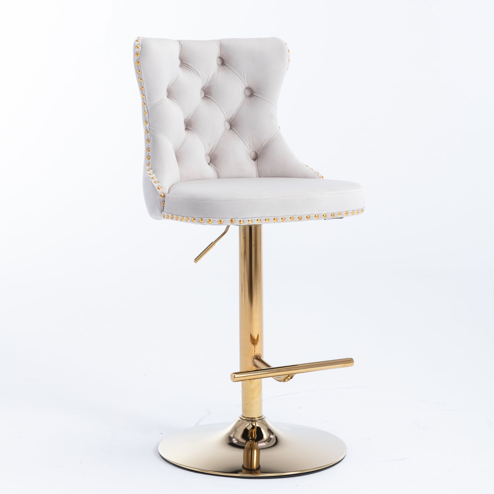 Swivel Dining Bar Chairs with Gold Metal Base Velvet Upholstered Bar Stools with Button Tufted Back Height Adjustment(Beige,Set of 6)