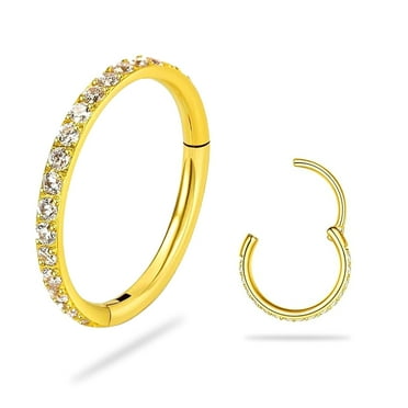 14K Gold Hinged Nose Rings Hoop for Women 20G, 316L Surgical Steel Clicker Septum Ring, Hoop Huggie Earring for Upper Lobe Cartilage Helix Piercing Jewelry (8mm, Cubic Zirconia) Gold Gold