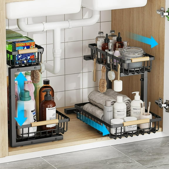 2 Pack Under Sink Organizer, Large 2 Tier Under Sink Organizer Storage, Height Adjustable Metal Pull Out Cabinet Organizer, Sliding Storage for Kitchen/Bathroom/Laundry Room.