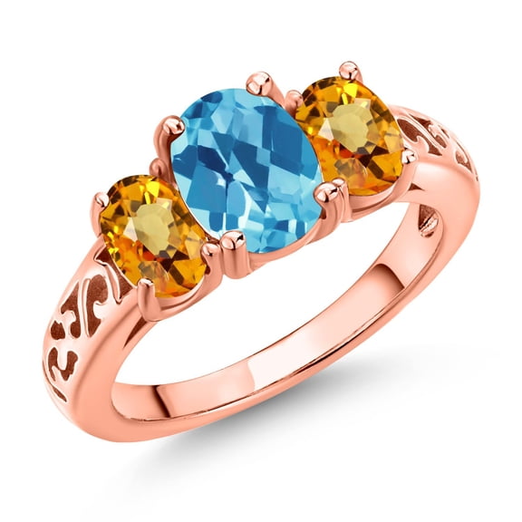 Gem Stone King 18K Rose Gold Plated Silver Swiss Blue Topaz and Yellow Sapphire Filigree Style 3 Stone Ring for Women (2.53 Cttw, Oval 8X6MM and 6X4MM) (Size 6)