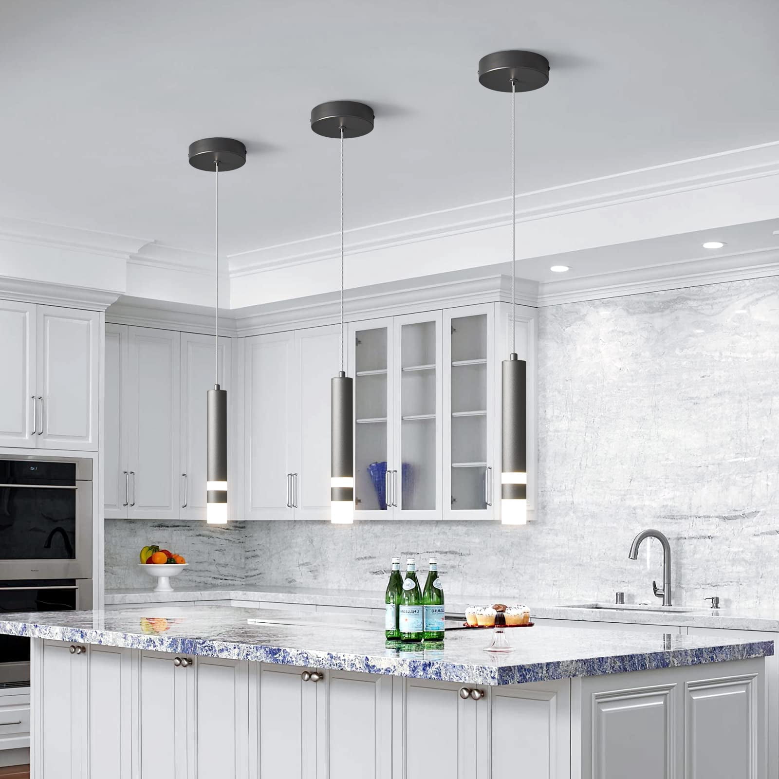 ZHLWIN Black Modern Pendant Light, Kitchen Fixture Dimmable LED Mini Pendant Lighting for Kitchen Island Bedroom Bedside Table Small Pendant Lights, 2-Pack