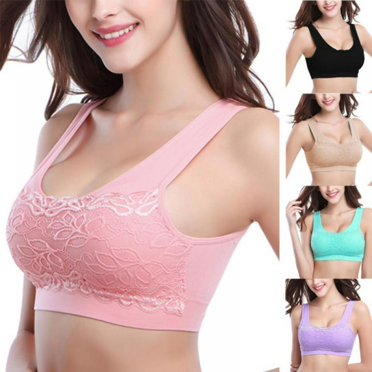 Womens Lace Sports Bra Longline Wirefree Seamless Push Up Bralettes No Show  Scalloped Trim Medium Support Yoga Bras