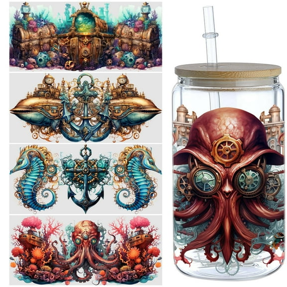 5pcs Marine Steampunk DIY UV DTF Transfer Stickers for Glass Cups, Waterproof Decals, Plastic Self-adhesive Labels for Bottles and Cups Decoration No.501