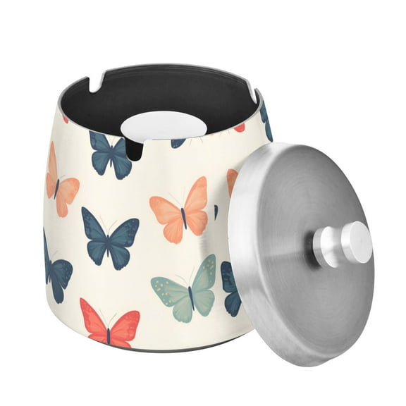 Yayeee Ashtray with Lid for Cigarette Smokeless Stainless Steel Home Ash Holder, Orange Butterflies