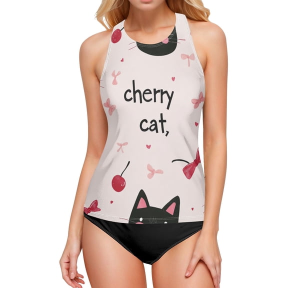 Women's Printed Tankini Top - High Elasticity Slim-Fit Swimsuit with Removable Straps & Cups, Perfect for Beach & Pool Parties，Cherry Cat